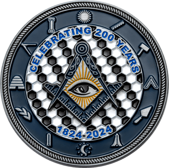 Masonic challenge coin celebrating 200 years from 1824 to 2024 featuring the square, compasses, Eye of Providence, and cutouts.