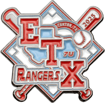 Custom baseball lapel pin featuring ETX Rangers text, crossed bats, a baseball, and a diamond background for Canton, TX 2025.