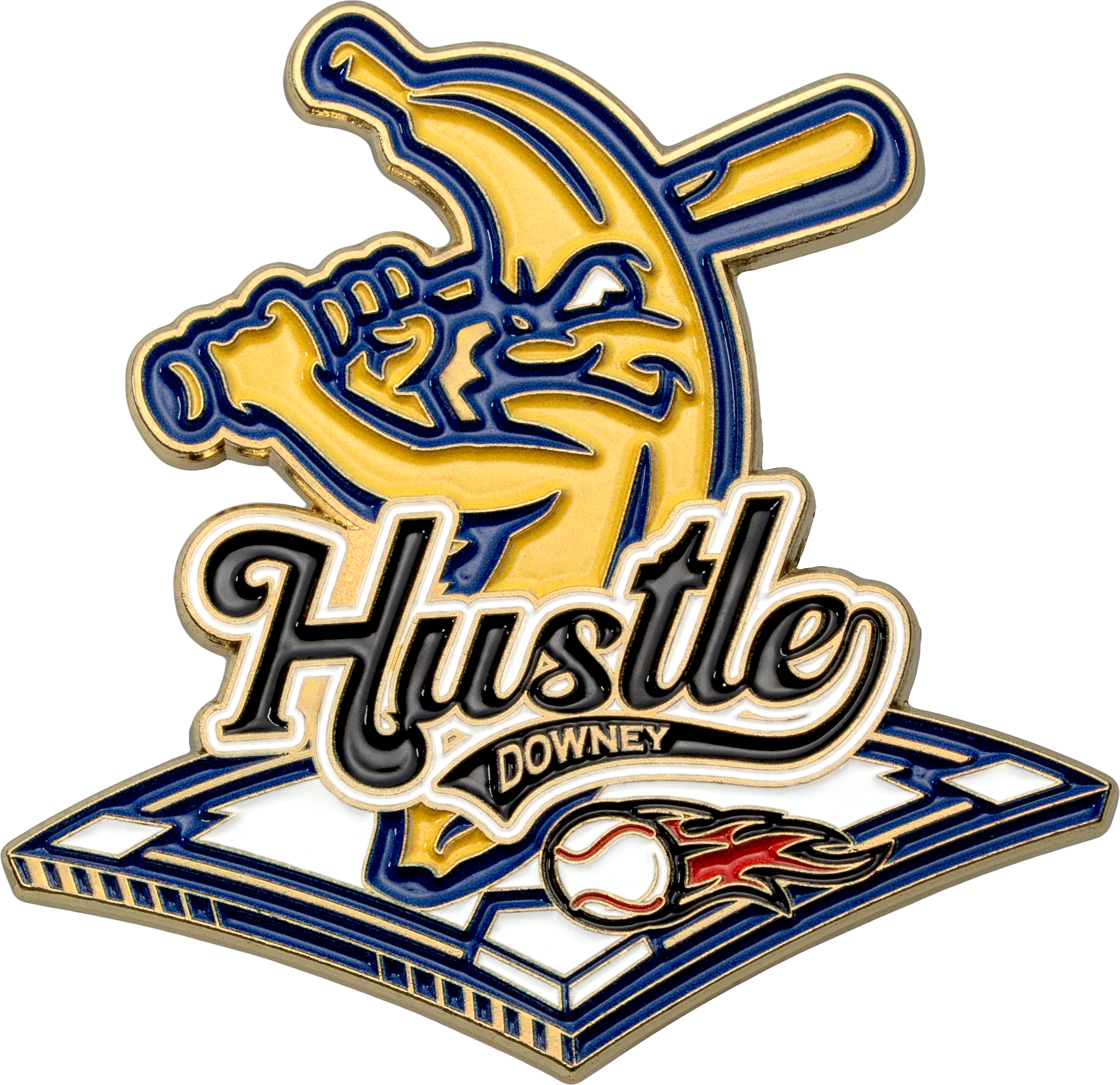 Enamel lapel pin featuring a banana mascot swinging a baseball bat over a diamond with a flaming baseball and the text Hustle Downey.