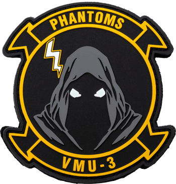 VMU-3 Phantoms military morale PVC patch featuring a hooded phantom with glowing eyes and a lightning bolt in black and yellow.