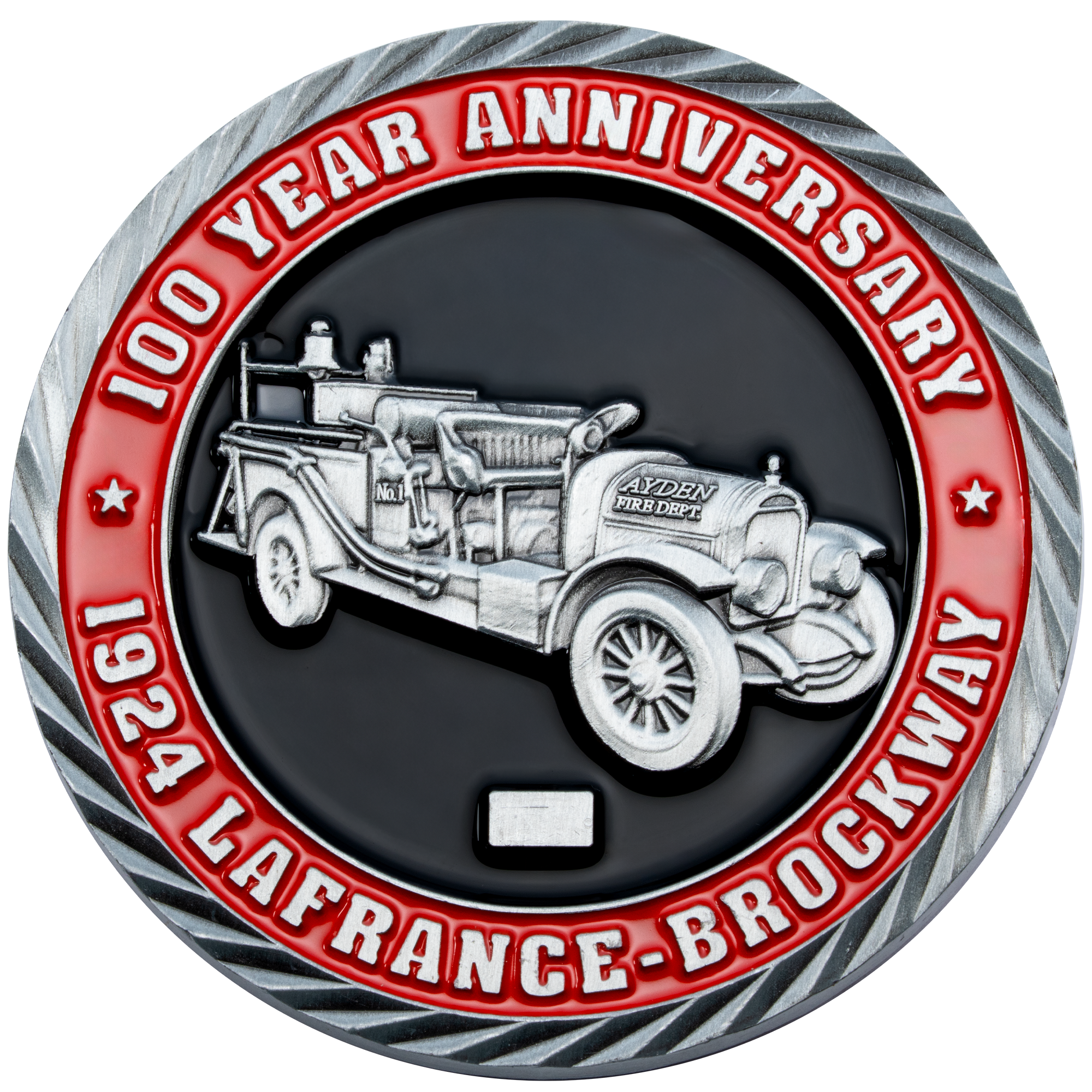 Custom challenge coin featuring a silver 1924 LaFrance-Brockway fire truck on a black background with a red border and rope edge.
