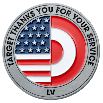 Circular silver challenge coin with Target logo styled as a US flag and the text Target Thanks You For Your Service LV.
