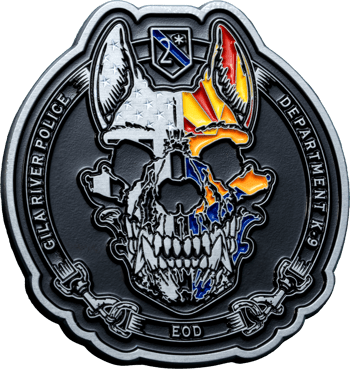 Custom challenge coin featuring a stylized canine skull design with Gila River Police Department K-9 and EOD text.