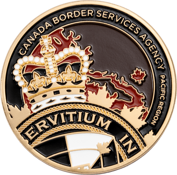 Canada Border Services Agency Pacific Region challenge coin featuring St Edward's Crown, maple leaf, and gold accents.