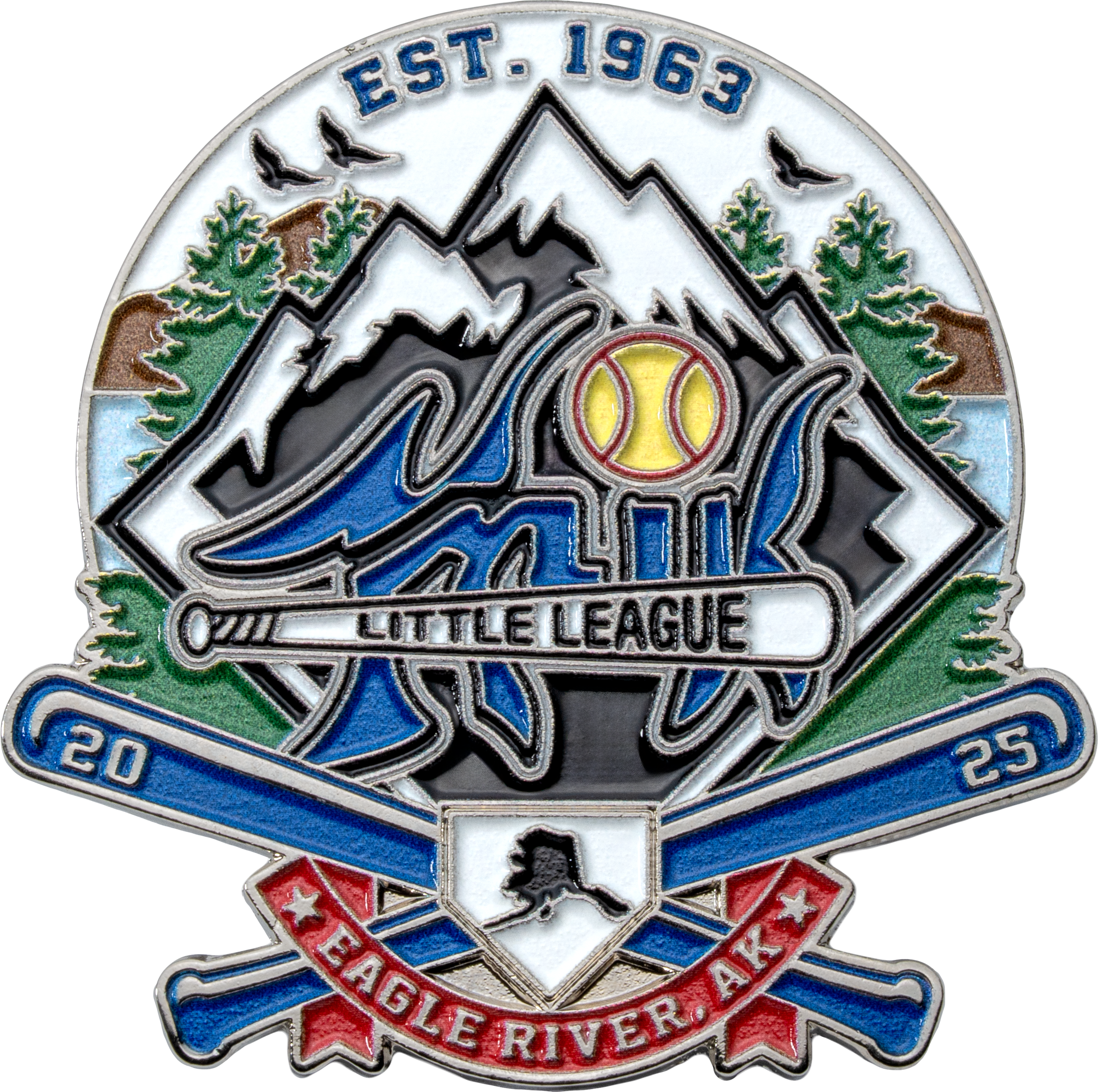 Enamel lapel pin for Eagle River Alaska Little League featuring snow-capped mountains, a softball, bats, and the state outline.