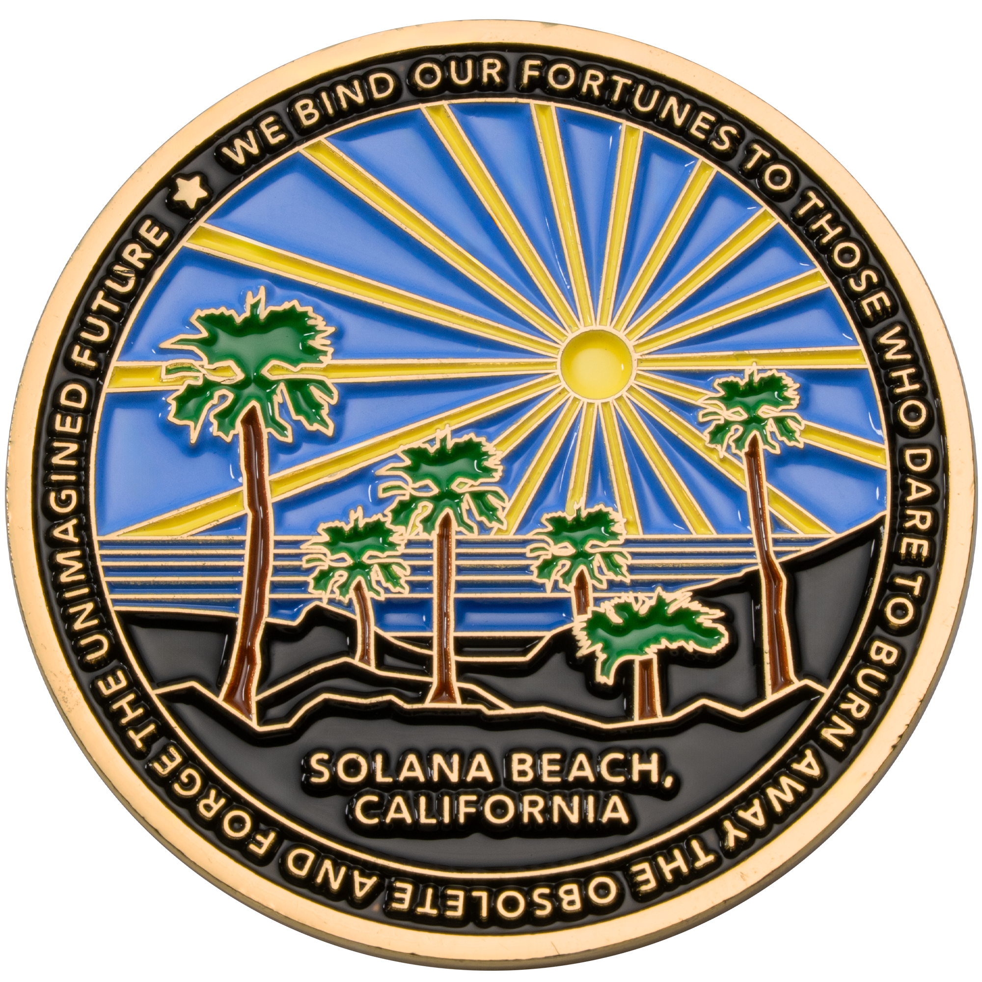 Gold challenge coin featuring Solana Beach, California with palm trees and a radiating sun over a blue and black landscape.