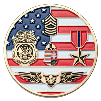 Circular challenge coin featuring an American flag background with United States Army Military Police insignia, rank chevrons, a Bronze Star, and aviator wings.