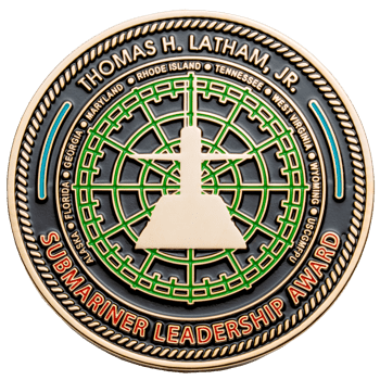 A round challenge coin featuring a submarine silhouette over a green radar grid, with 'Submariner Leadership Award' in red text and a gold rope edge.