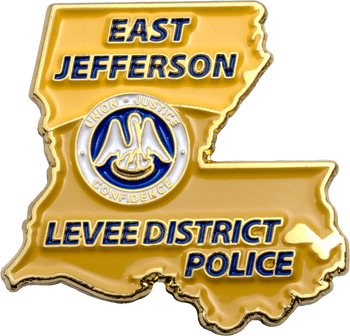 Louisiana-shaped lapel pin for East Jefferson Levee District Police featuring the state seal in gold and enamel.