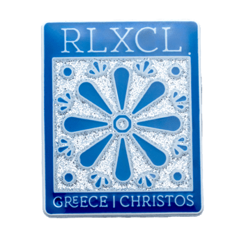 Rectangular lapel pin with blue and silver glitter featuring RLXCL text, a floral tile design, and Greece Christos text.