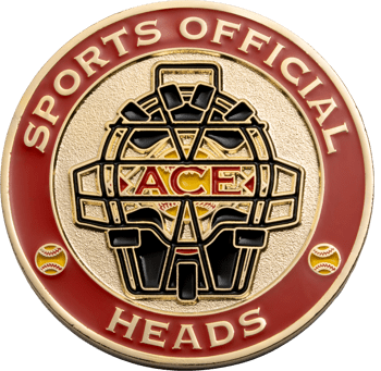 Sports Official Heads challenge coin featuring a catcher's mask design and red border with baseballs.