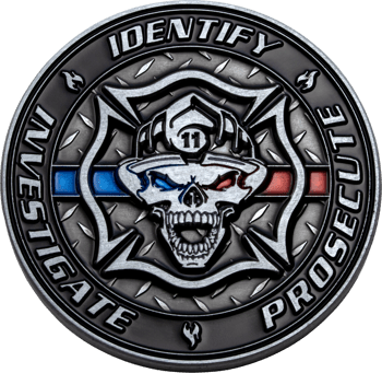 Challenge coin featuring a skull in a firefighter helmet over a Maltese cross with blue and red accents and diamond plate texture.