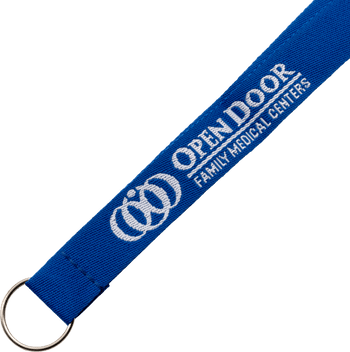 Royal blue woven lanyard keychain with white embroidered Open Door Family Medical Centers logo and silver split key ring.