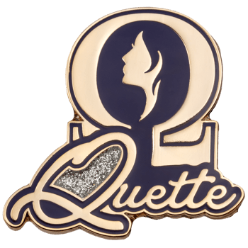 Gold and purple lapel pin featuring the word Quette, a large letter Q with a woman's profile, and silver glitter accents.
