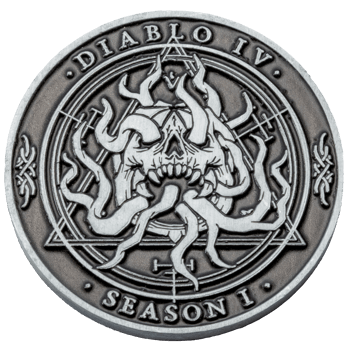 Antiqued silver challenge coin featuring a demonic skull with tentacles and geometric symbols from Diablo IV Season I.