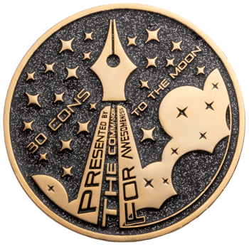 Circular gold challenge coin with a black glitter background featuring a fountain pen nib rocket, stars, and clouds.