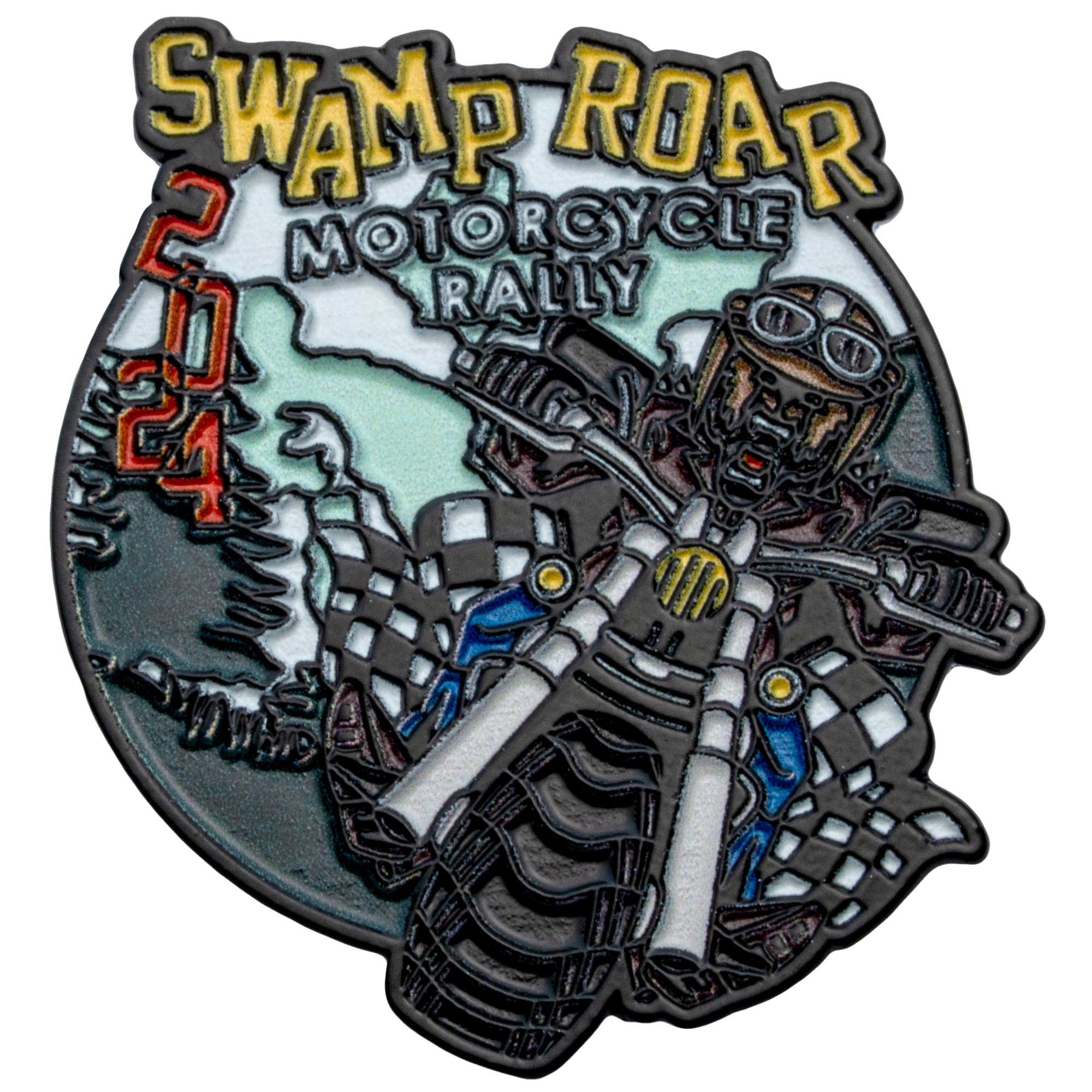Enamel lapel pin featuring a motorcycle rider, checkered flags, and text reading Swamp Roar Motorcycle Rally 2024.