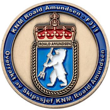 Gold challenge coin featuring a polar bear holding a trident under a red crown, with blue outer ring text for KNM Roald Amundsen F311.
