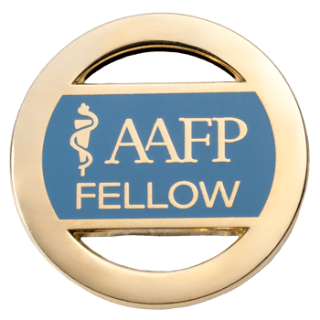 Gold circular lapel pin featuring the AAFP FELLOW logo and a medical staff on a blue background with cutout accents.