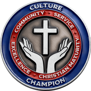 Round challenge coin featuring open hands lifting a Christian cross, with blue and red enamel rings reading Culture Champion.