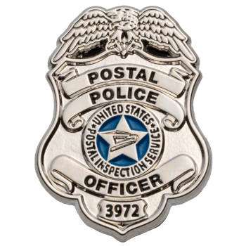 Silver shield-shaped lapel pin for Postal Police Officer 3972 featuring a blue star and eagle emblem.