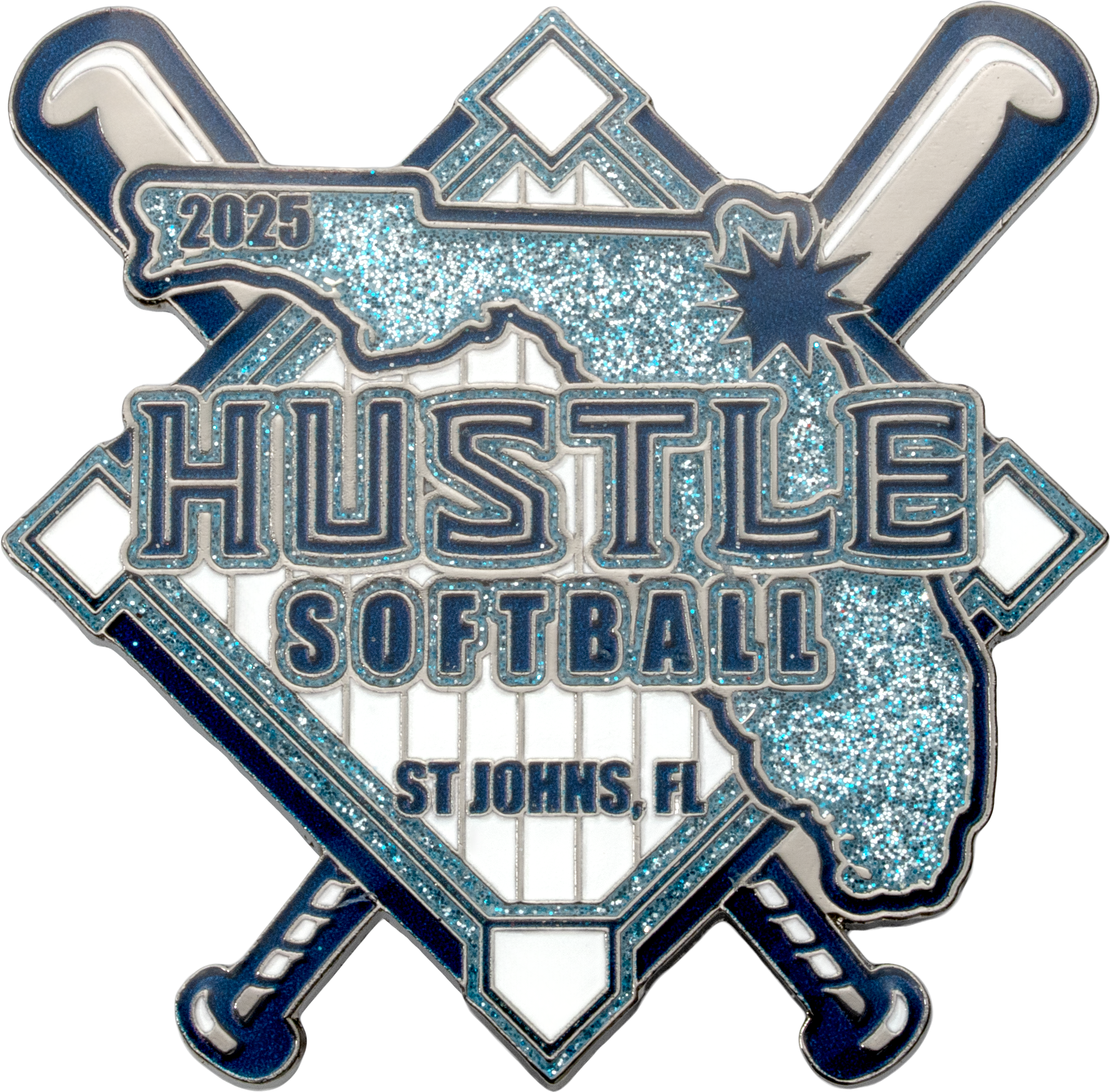 Custom softball lapel pin featuring crossed bats, a diamond, and the state of Florida in blue glitter enamel for Hustle Softball 2025.