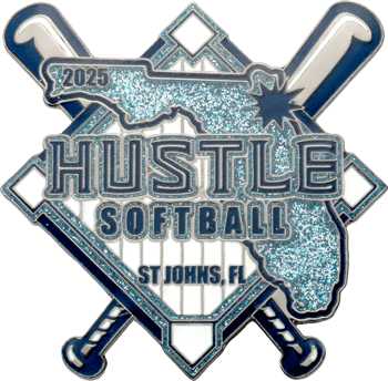 Custom softball lapel pin featuring crossed bats, a diamond, and the state of Florida in blue glitter enamel for Hustle Softball 2025.