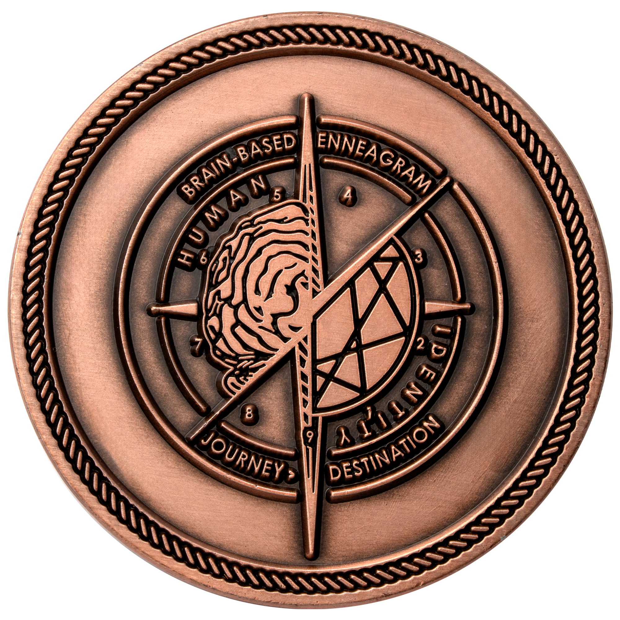 Antiqued copper challenge coin featuring a compass rose with brain and geometric Enneagram designs.