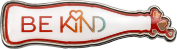 Bottle-shaped lapel pin featuring the text BE KIND with a heart symbol and colorful accents