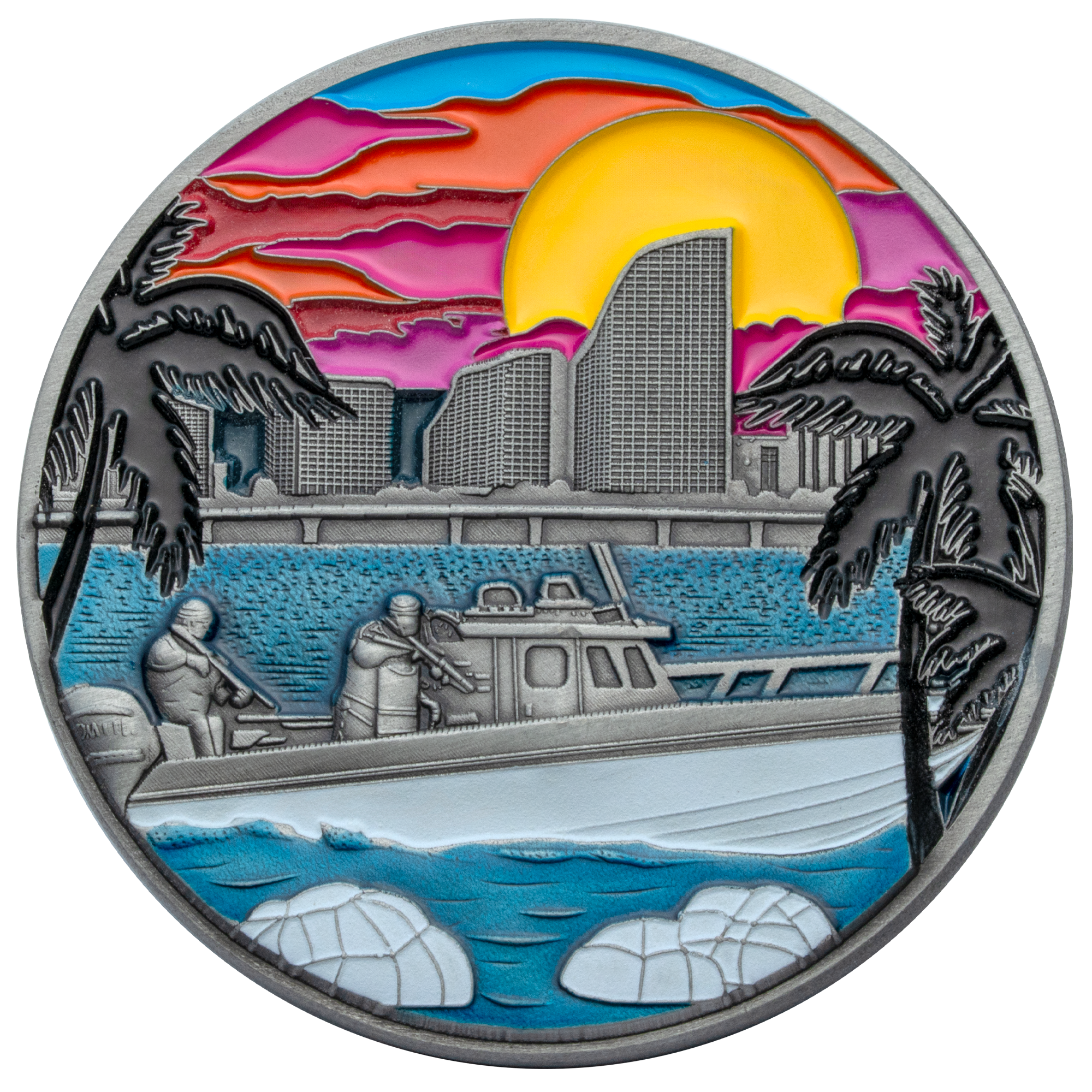 Circular challenge coin featuring a colorful sunset over a coastal skyline, palm trees, and tactical personnel on a boat in the water.