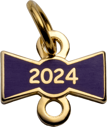 Gold-plated 2024 year bar charm with purple enamel and dual attachment loops.