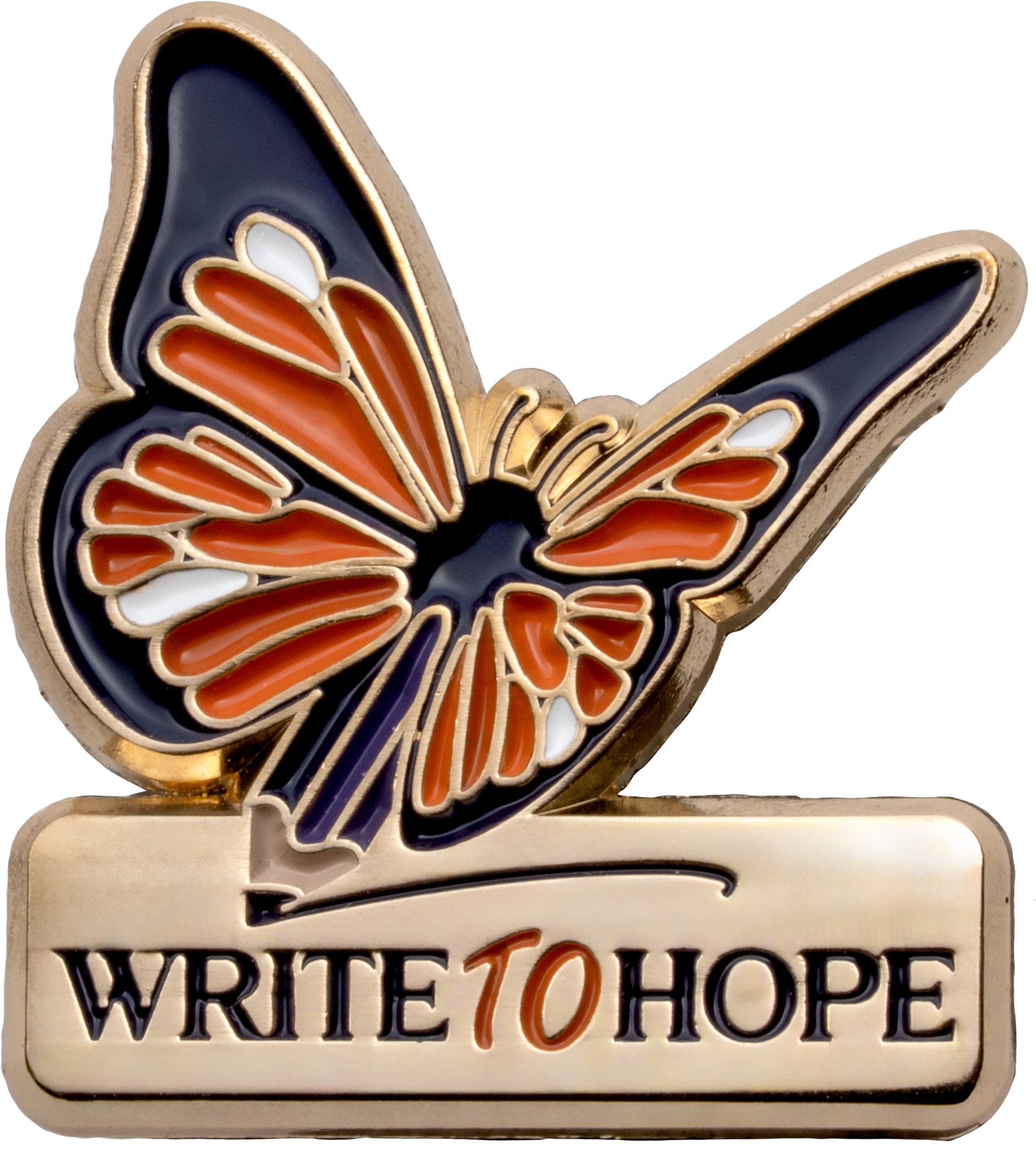 Gold-toned lapel pin featuring an orange, black, and white butterfly with a pencil tip body above the text Write to Hope.