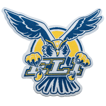 Embroidered patch featuring a blue and yellow owl with spread wings and the word Fly.