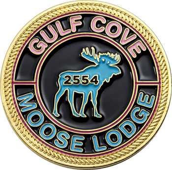 Gulf Cove Moose Lodge 2554 challenge coin with gold rope border, black enamel background, and a bright blue moose silhouette.
