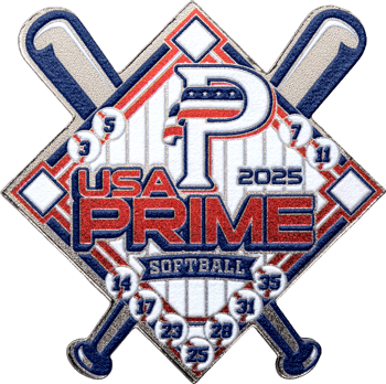 USA Prime Softball 2025 trading lapel pin featuring crossed bats, a diamond field design, and custom player numbers.