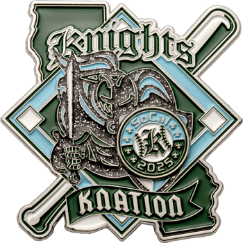 Custom lapel pin featuring a knight mascot over a baseball diamond with bats, labeled Knights SoCal 2025 Knation.