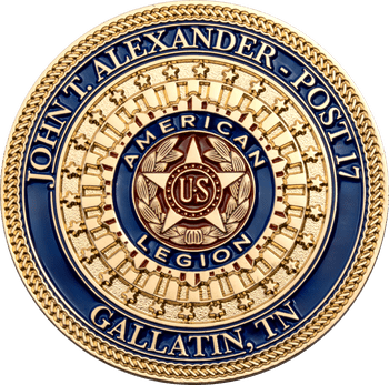 American Legion John T. Alexander Post 17 Gallatin, TN circular gold and blue challenge coin with star emblem and rope border.