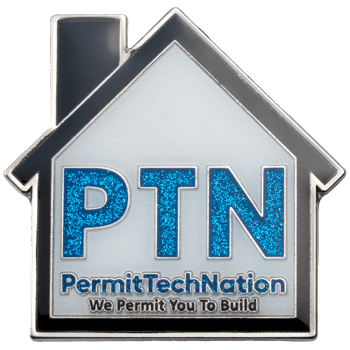 House-shaped lapel pin featuring the PermitTechNation logo with PTN in blue glitter enamel.