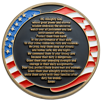 Challenge coin featuring a law enforcement prayer surrounded by an American flag border with gold stars and rope edge.