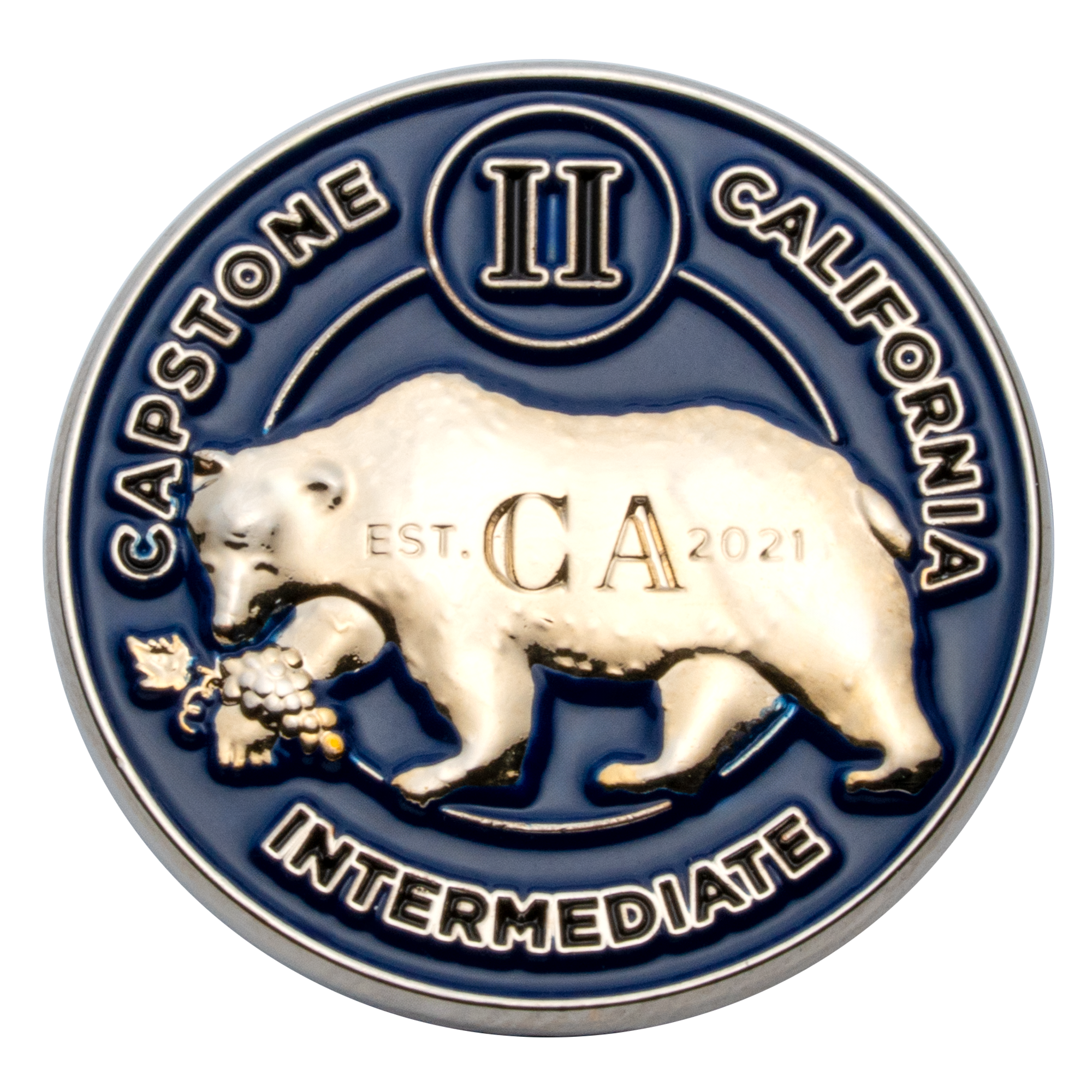 A circular blue and silver challenge coin featuring a California grizzly bear, grapes, and the text Capstone II California Intermediate.