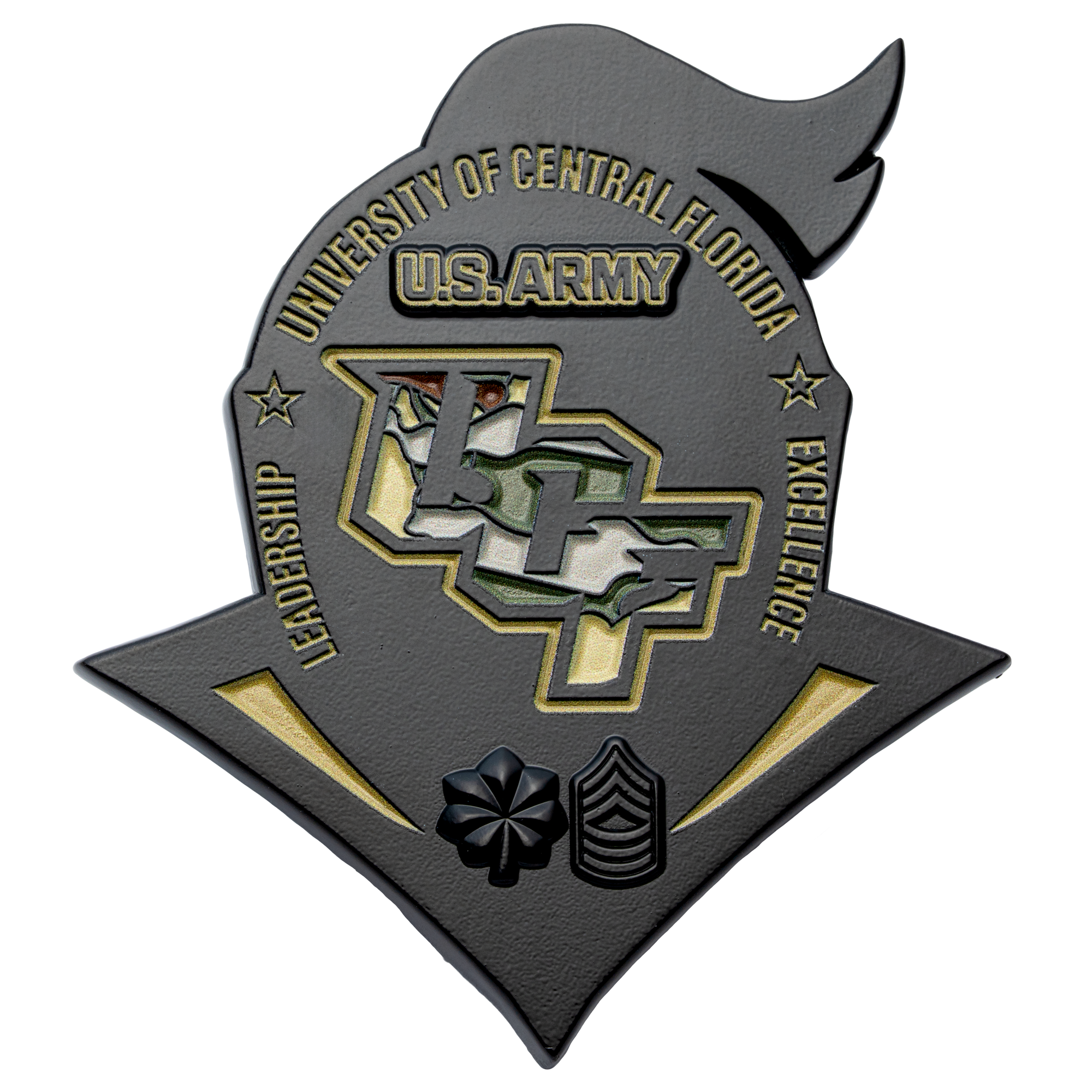 Shield-shaped black challenge coin with University of Central Florida U.S. Army text, camouflage UCF logo, and military rank insignia.