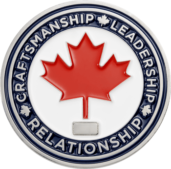 Challenge coin featuring a red Canadian maple leaf on white enamel with Craftsmanship Leadership Relationship text on a navy border.