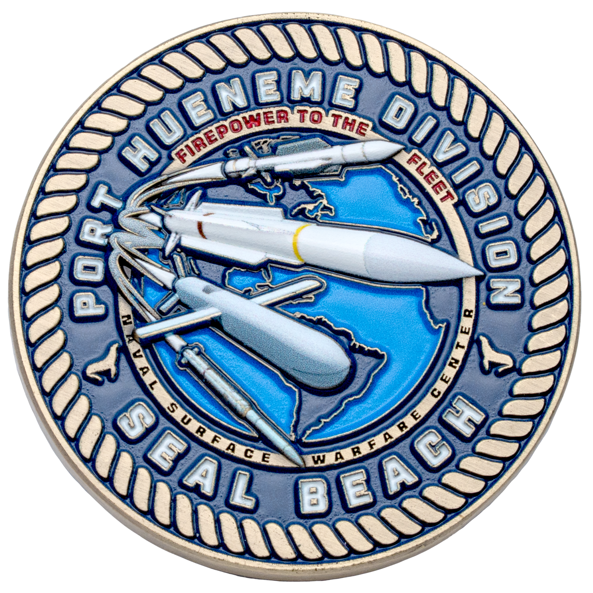 Circular challenge coin featuring Port Hueneme Division Seal Beach text with missiles over a globe and a rope border.