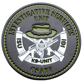 Challenge coin for Investigative Services Unit CSATF featuring a skull in a boonie hat with crossed rifles and K9-Unit text.