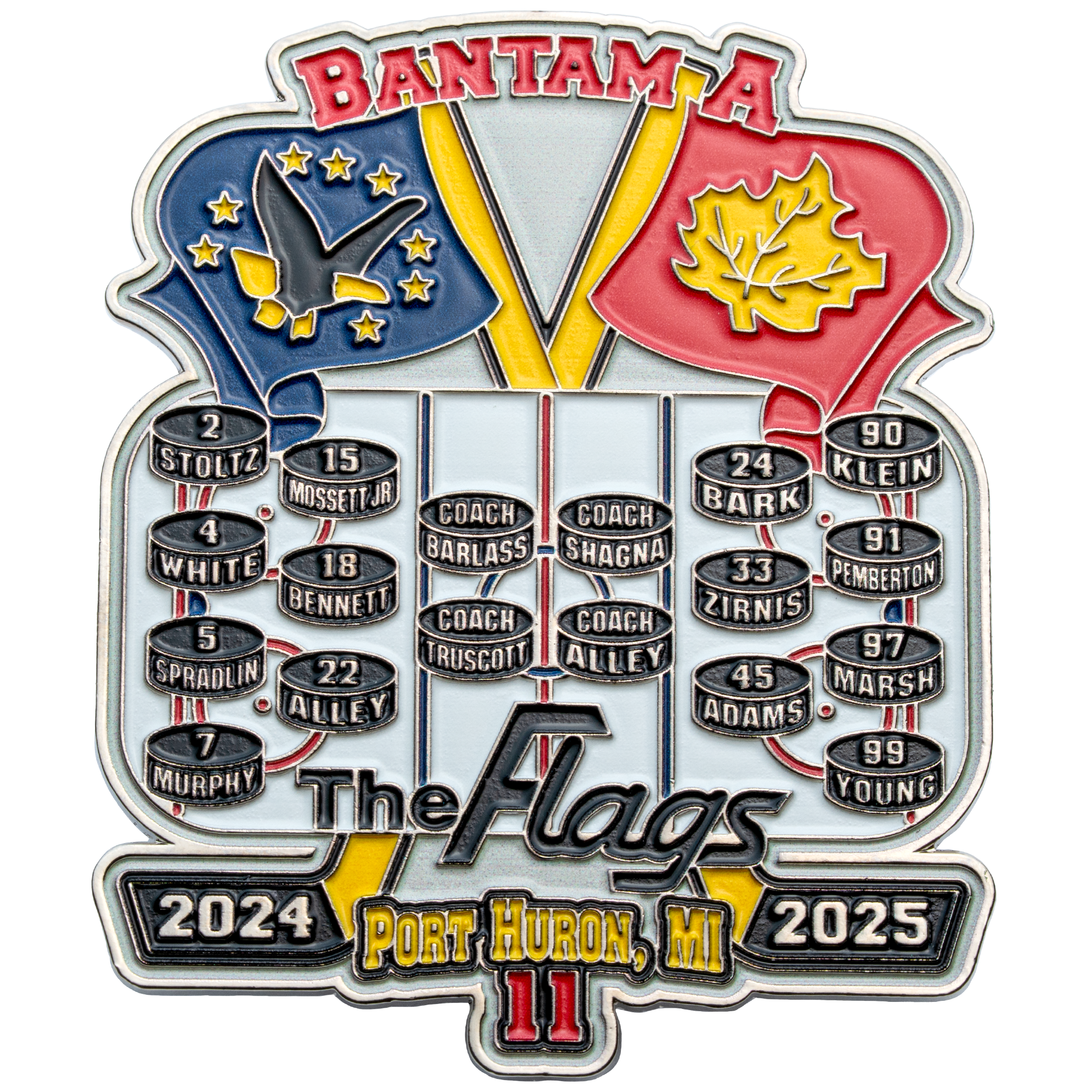 Custom hockey lapel pin featuring Bantam A, The Flags logo, and player rosters on hockey pucks with American and Canadian flags.
