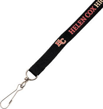 Black custom lanyard with metal swivel hook printed with Helen Cox High monogram and text in red and white.