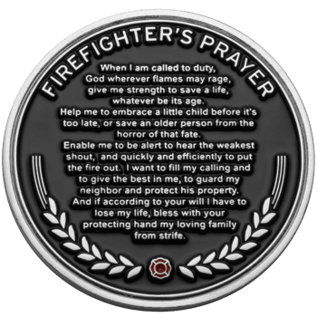 Firefighter's Prayer challenge coin featuring raised silver text on a black background with a laurel wreath and fire scramble icon.