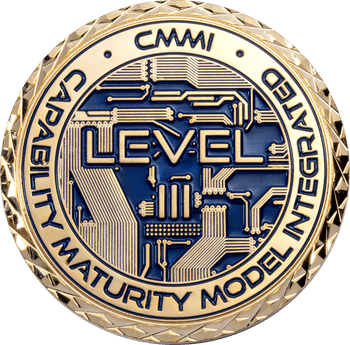 Gold and blue challenge coin featuring CMMI Level III over a detailed circuit board pattern with a diamond-cut edge.