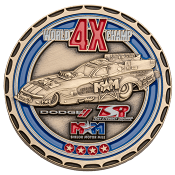 Circular racing challenge coin with a dragster car, Tony Stewart Racing, and Shelor Motor Mile logos featuring red and blue enamel.