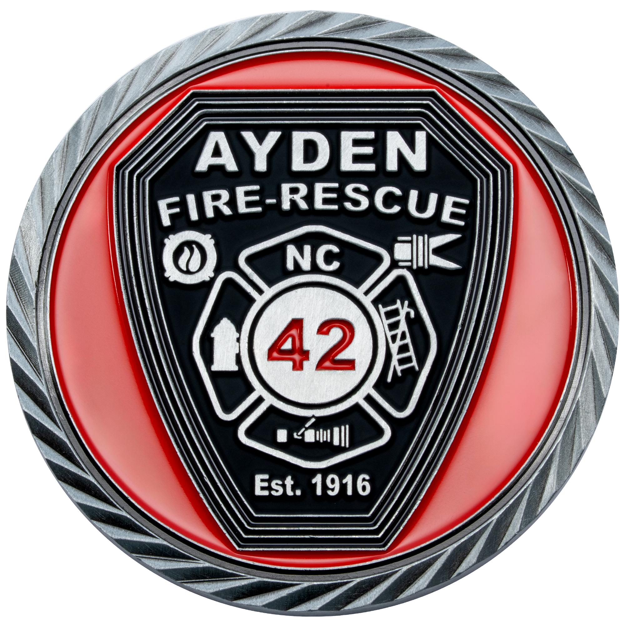 Ayden Fire-Rescue North Carolina challenge coin with number 42, Maltese cross, and red enamel details.